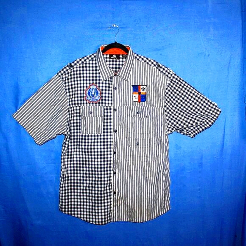 Red Ape Patchwork Button Down Shirt Blue Gray 2XL - image 7